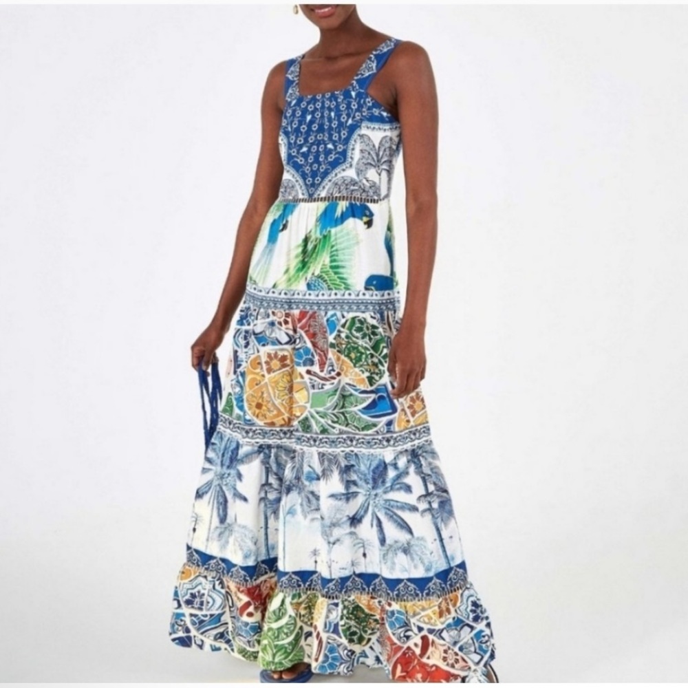 SOLD. NWT Farm Rio Tiered Blue Tiles Mixed Print Dress Medium - Picture 2 of 10